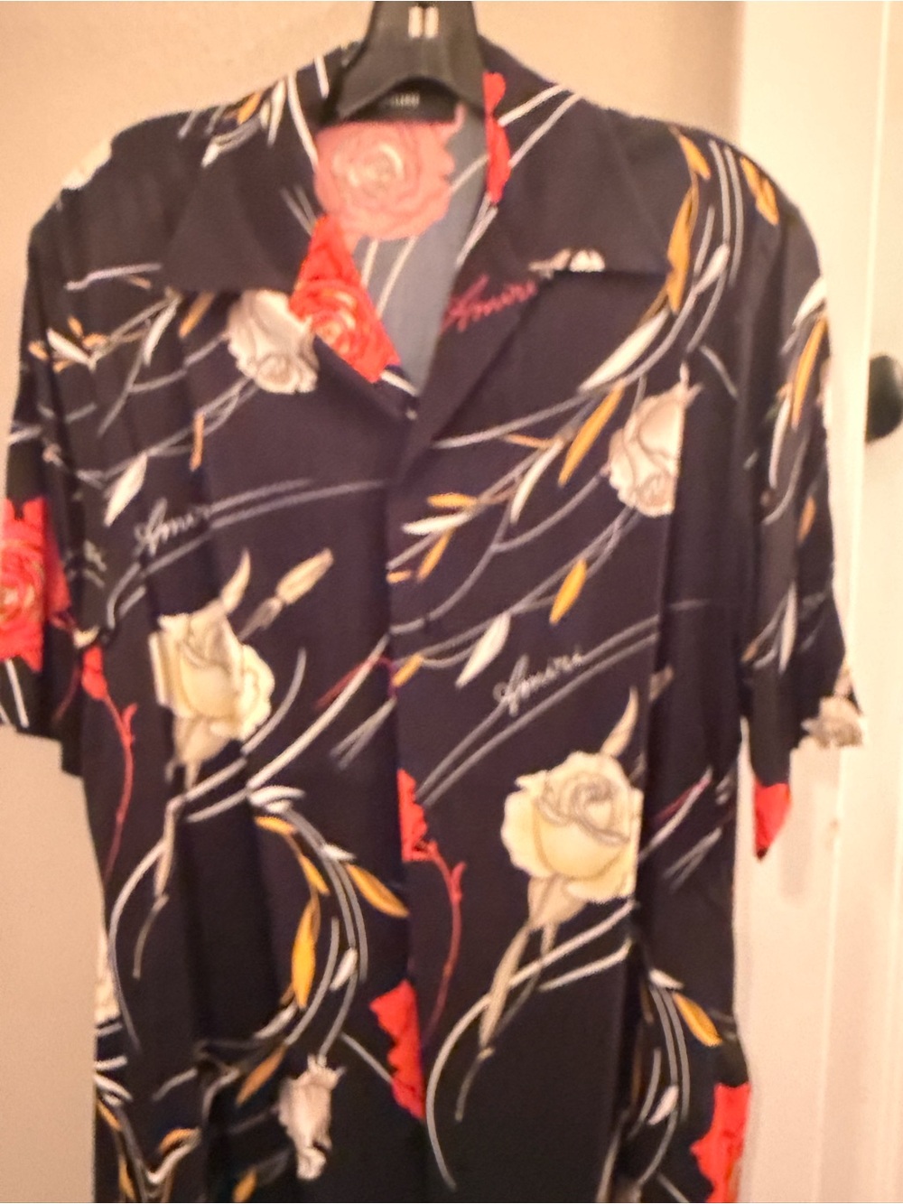 AMIRI Navy Floral Camp-Collar Button-Down Shirt with Red & Cream Roses